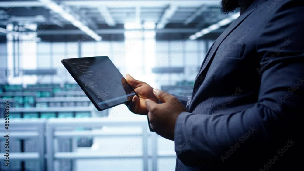 Poster engineer in high tech facility using tablet to patch network issues leading to slow data transfer ra