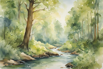 Tranquil Forest Stream, Watercolor Landscape with Sunlit Trees and River