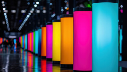 Obraz premium A row of colorful light poles are lined up in a hallway