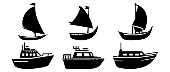 Transport vehicle wood boat and speed boat side view silhouette black filled vector Illustration icon