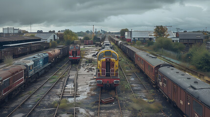 Three trains are sitting on the tracks in a train yard