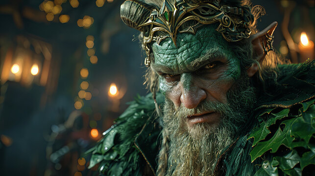 A green monster with horns and a crown is staring at the camera