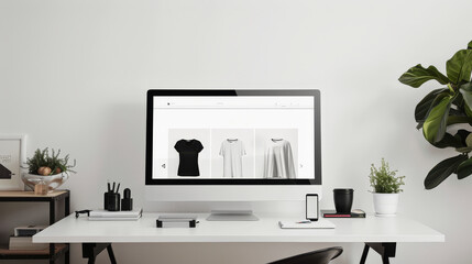 Modern workspace with computer displaying fashion - A neat, contemporary desk setup with an iMac displaying a website with black and white t-shirts, surrounded by office supplies