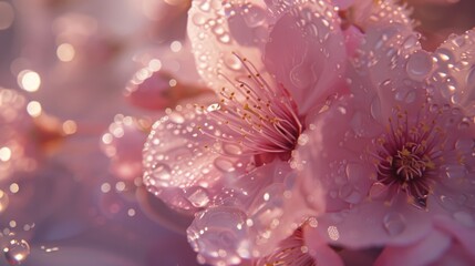 Morning dew on the soft pink petals of a cherry blossom tree, symbolizing renewal