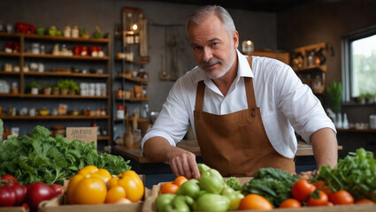 Seller of fresh farm vegetables and fruits behind the counter at the market in a fresh food store.