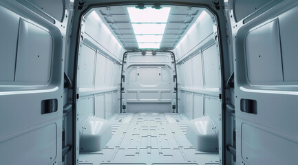 White interior of the cargo area of the new fridge van. Refrigeration unit inside.