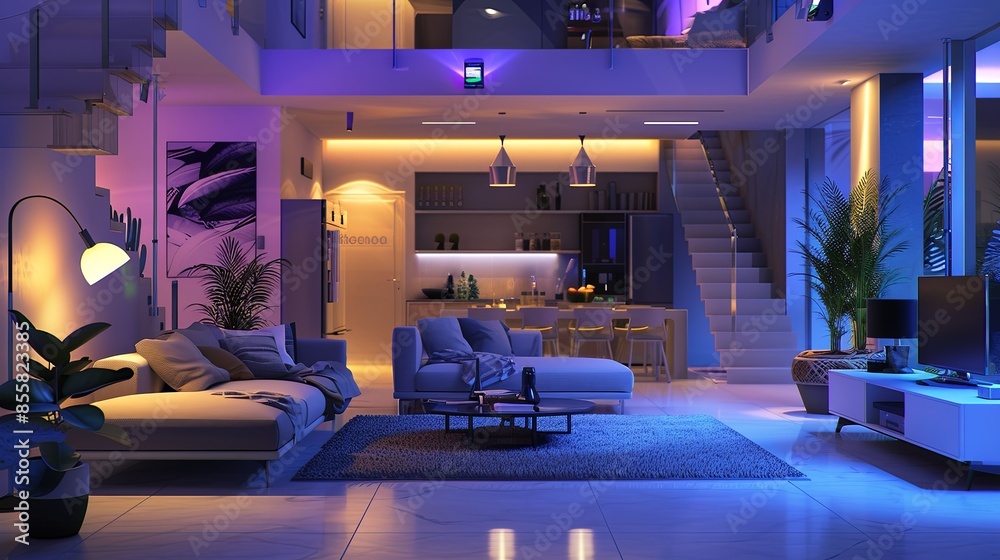 Poster Modern smart home with AI-driven devices: automated lighting, voice assistants, & smart security. Sleek, contemporary interior design emphasizes comfort & technology. Generative AI