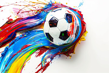 Energetic strokes of paint in bold colors swirling around a soccer ball, emphasizing its motion against a plain white backdrop.