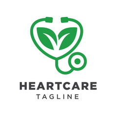 Stethoscope with two green leaves forming a heart symbol. This logo is perfect for companies or services in the field of cardiology, health, clinics, or natural products