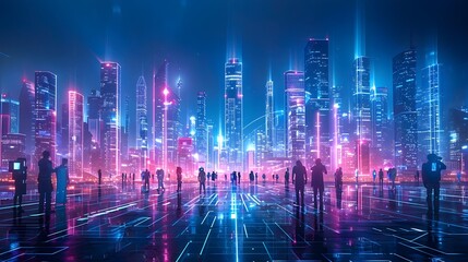 Neon lit Futuristic Cityscape at Night with Glowing Holograms and Skyscrapers