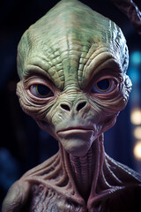 A close-up portrait of a green alien with large eyes and textured skin, set against dark background.
