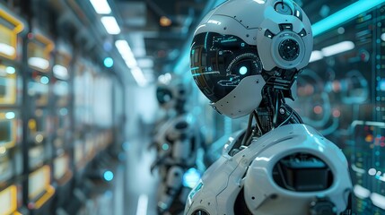 Fototapeta premium Futuristic Research Lab with Advanced Systems and Robotic Assistants Featuring Sleek Modern Design