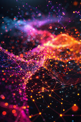 Obraz premium Intricate network of interconnected points and lines in vibrant colors on dark backdrop.