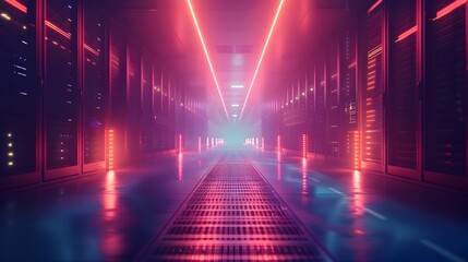 Sleek and Futuristic High Tech Data Center with Glowing Servers and Advanced Cooling Systems