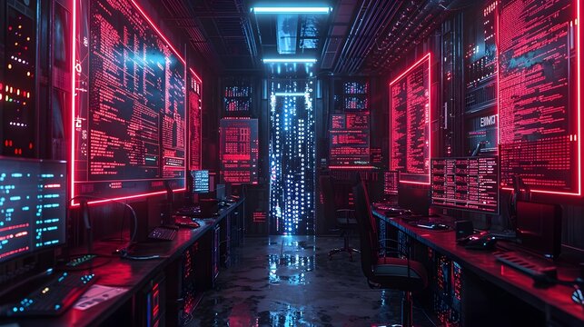 Futuristic Neon Lit Underground Hacker s Lair with Glowing Screens and Technology