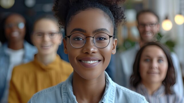 A diverse group of smiling coworkers standing together in an office environment, showcasing teamwork and unity.