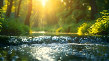 Fototapeta premium Crisp and Clear Stream Flowing Through Verdant Landscape With Sunlight Dancing on the Water