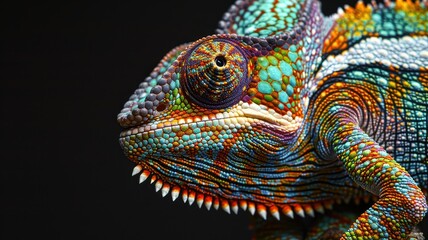 Fototapeta premium Close-Up of a Vibrant Chameleon with Colorful Scales Against a Black Background