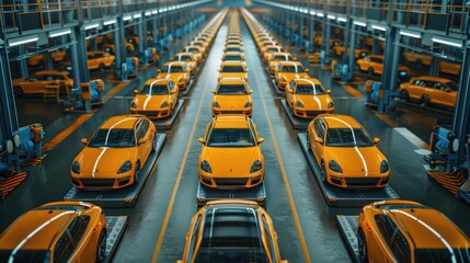 Multiple orange sports cars on an assembly line in a modern automotive factory, showcasing industry precision and manufacturing processes.