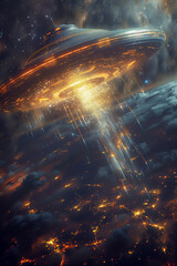 UFO hovering high over an Earth planet with lights of the city under.