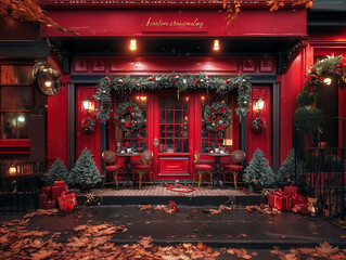 A charming red storefront decorated for Christmas with wreaths, garlands, and trees, creating a warm festive atmosphere on a winter evening