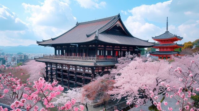 The breathtaking view of the historic Kiyomizu-dera temple surrounded by cherry blossoms, capturing the essence of Kyoto's scenic beauty in spring.
