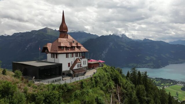Harder Kulm - Epic reveal of Interlaken and Lake Brienz, Switzerland - 4K drone