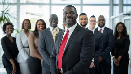 Obraz premium Asian, African American Businessman Womann Boss Group Of Business People In Creative Office, Successful Mix Race Man Leading Businesspeople Team Stand Folded Hands, Professional Staff Happy Smiling