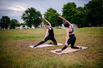Two women in athletic wear practice the Gate pose on yoga mats in a grassy field, focusing on their form and balance, with a peaceful natural backdrop.