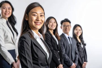 Asian, African American Businessman Womann Boss Group Of Business People In Creative Office, Successful Mix Race Man Leading Businesspeople Team Stand Folded Hands, Professional Staff Happy Smiling