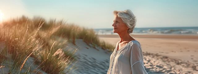 Happy mature woman at the beach with copy space
