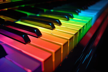 A piano keyboard with colorful keys rainbow piano.
