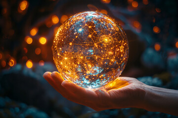 Fototapeta premium Hand holding a glowing crystal ball with star map inside.