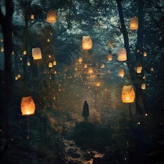 Naklejka premium Enchanted Forest with Floating Lanterns at Night Creating a Magical and Mystical Atmosphere