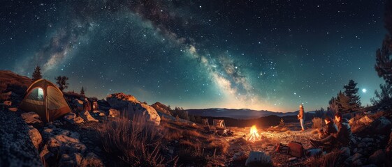 Naklejka premium Stunning Night Sky with Milky Way Over a Campsite in the Wilderness with Campfire and Tent