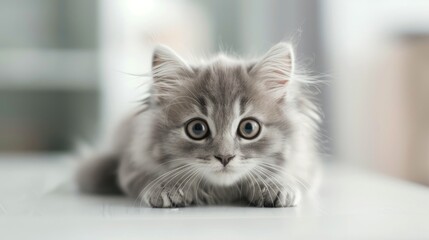 Adorable gray longhaired kitten with big eyes on white table fluffy cat grooming space for text in mockup