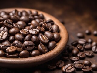 Fototapeta premium Closeup Freshly roasted coffee beans, brown color. On the container.