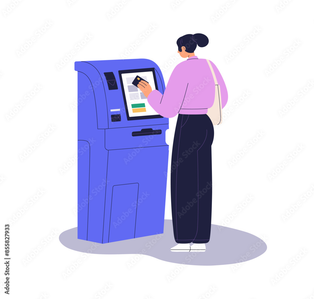Poster woman at atm with bank credit card in hand. customer at automated teller machine, self-service termi