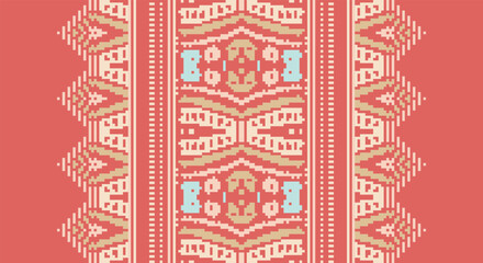 Folk embroidery cross stitch geometric floral pattern. Vector ethnic geometric floral shape seamless pattern. Folk floral embroidery pattern use for textile, home decoration elements, upholstery, etc.