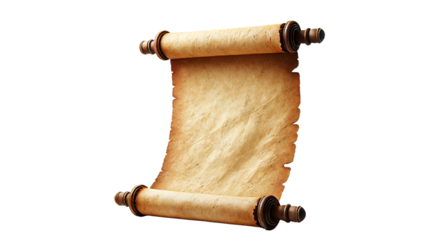  Vintage open parchment scroll isolated on transparent or white background