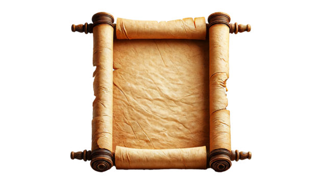  Vintage open parchment scroll isolated on transparent or white background