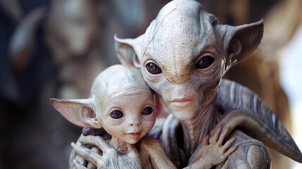 Naklejka premium Portrait of an alien mother with her alien baby.