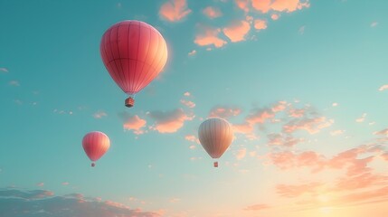 Naklejka premium Colorful Hot Air Balloons Soaring Over Scenic Skyscape at Sunrise or Sunset Representing Adventure and New Perspectives