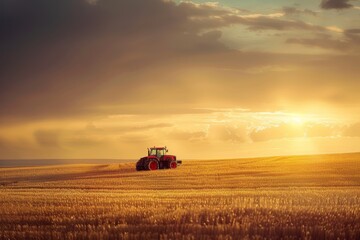 Fototapeta premium red tractor driving through a wheat field under a dramatic sunset sky, representing the timeless bond between man, machine, and land.