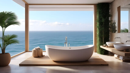 Fototapeta premium Luxurious oceanfront bathroom with open view