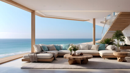 Fototapeta premium Luxurious beach house living room with sea view