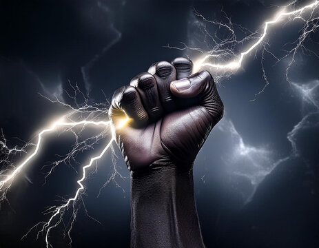 Hand holding up a lightning bolt. Energy and power. Stormy background. Blue glow. Zeus, thor