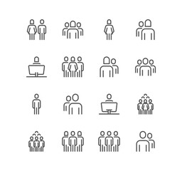 Fototapeta premium Set of people related icons, couples, one person, group and linear variety vectors. 