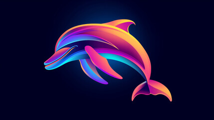 Obraz premium A colorful dolphin is flying through the air. The dolphin is surrounded by a dark blue background. The dolphin is the main focus of the image, and the colors of the dolphin