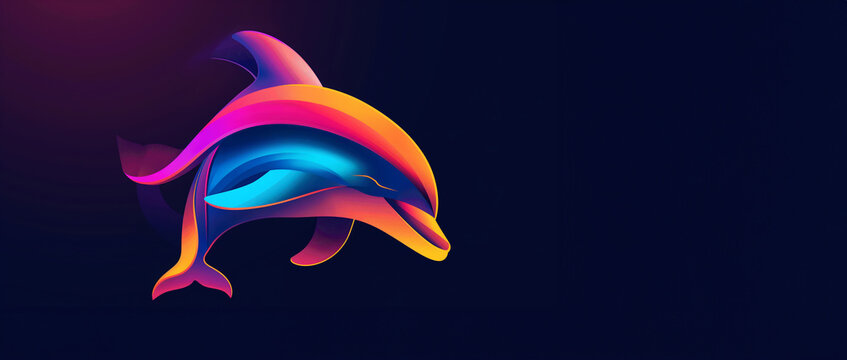 A colorful dolphin is swimming in the ocean. The dolphin is surrounded by a dark blue background. The colors of the dolphin are bright and vibrant, creating a sense of energy and excitement